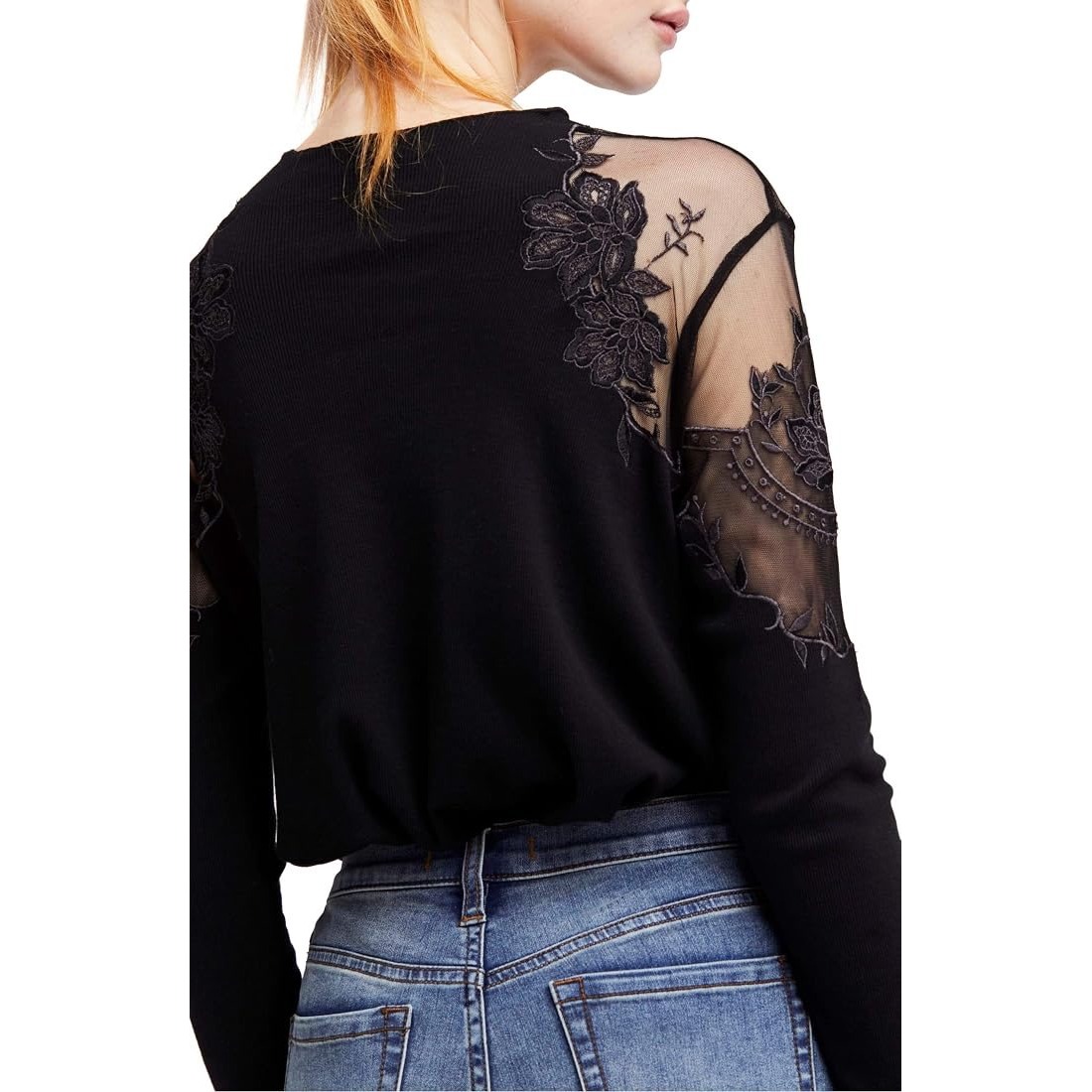 Free People Daniella Embroidered Top Small Black Mesh Floral Long Sleeve Knit